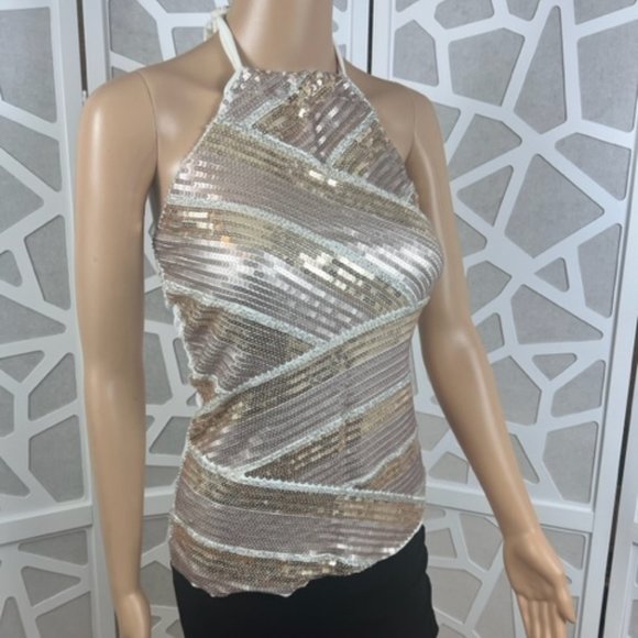 2B Bebe Tops - 2B Bebe White Halter Sequin Sleeveless Top